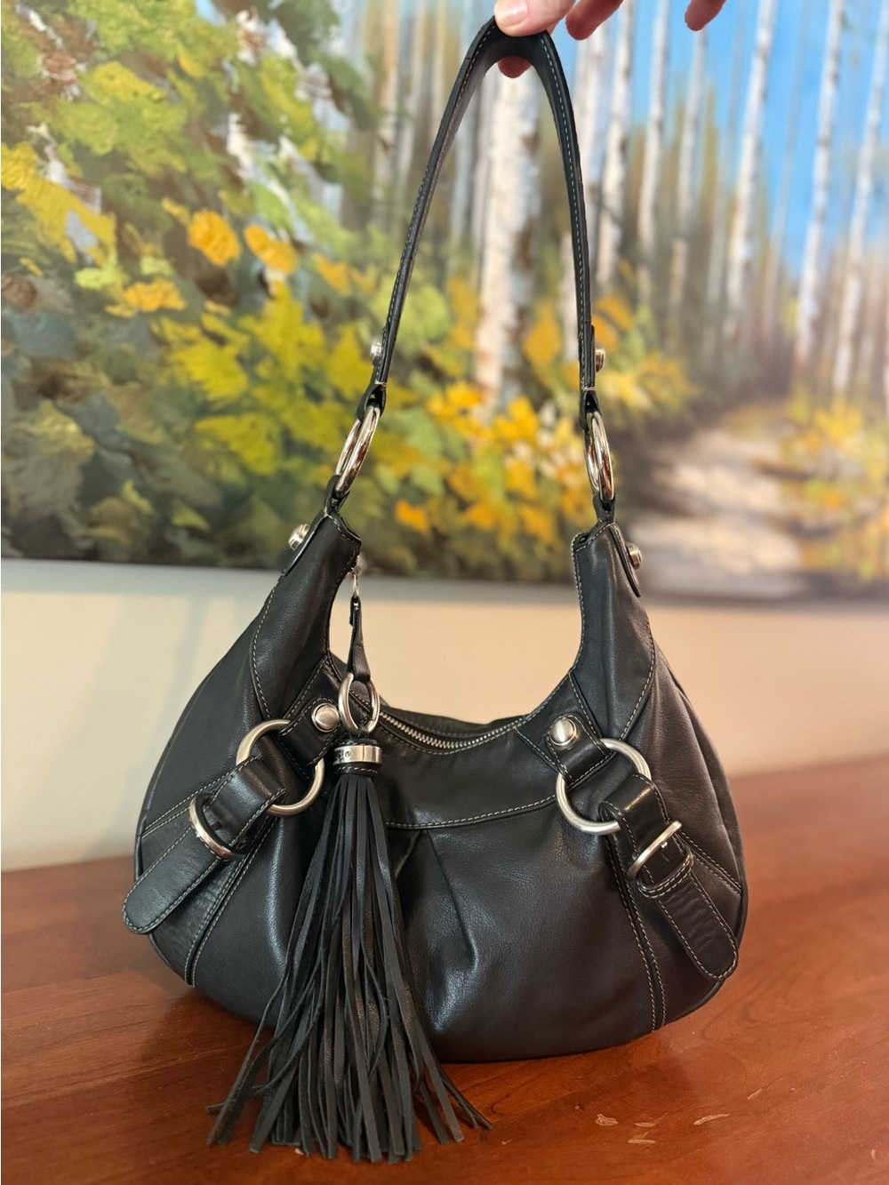B. Makowsky Black Leather Soft Slouchy Shoulder Bag Tassel Moto Y2K City Style